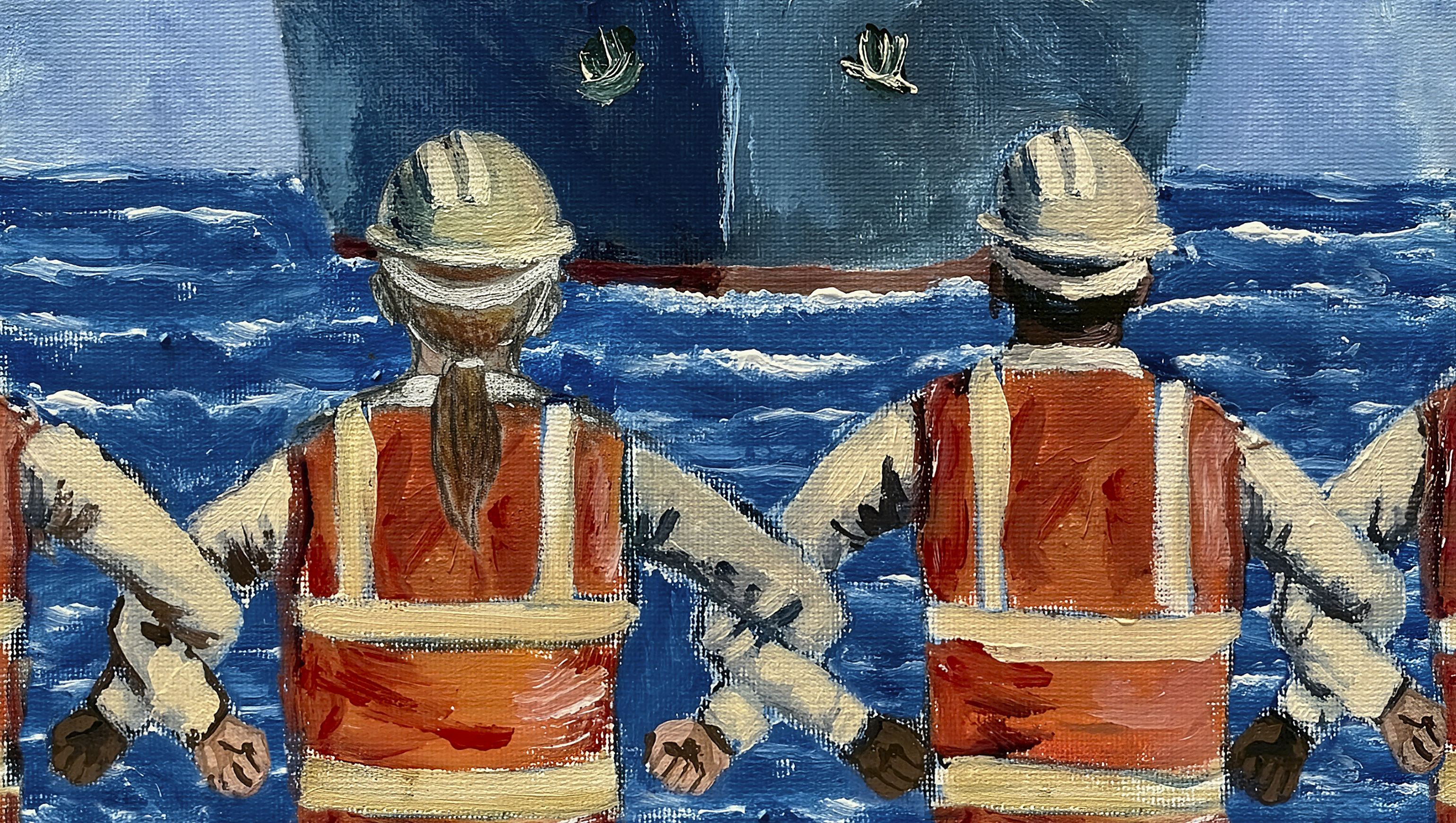 Mayworks 2026 poster with a painted texture on canvas, featuring dock workers in construction vests linking arms, facing an incoming cargo ship.
