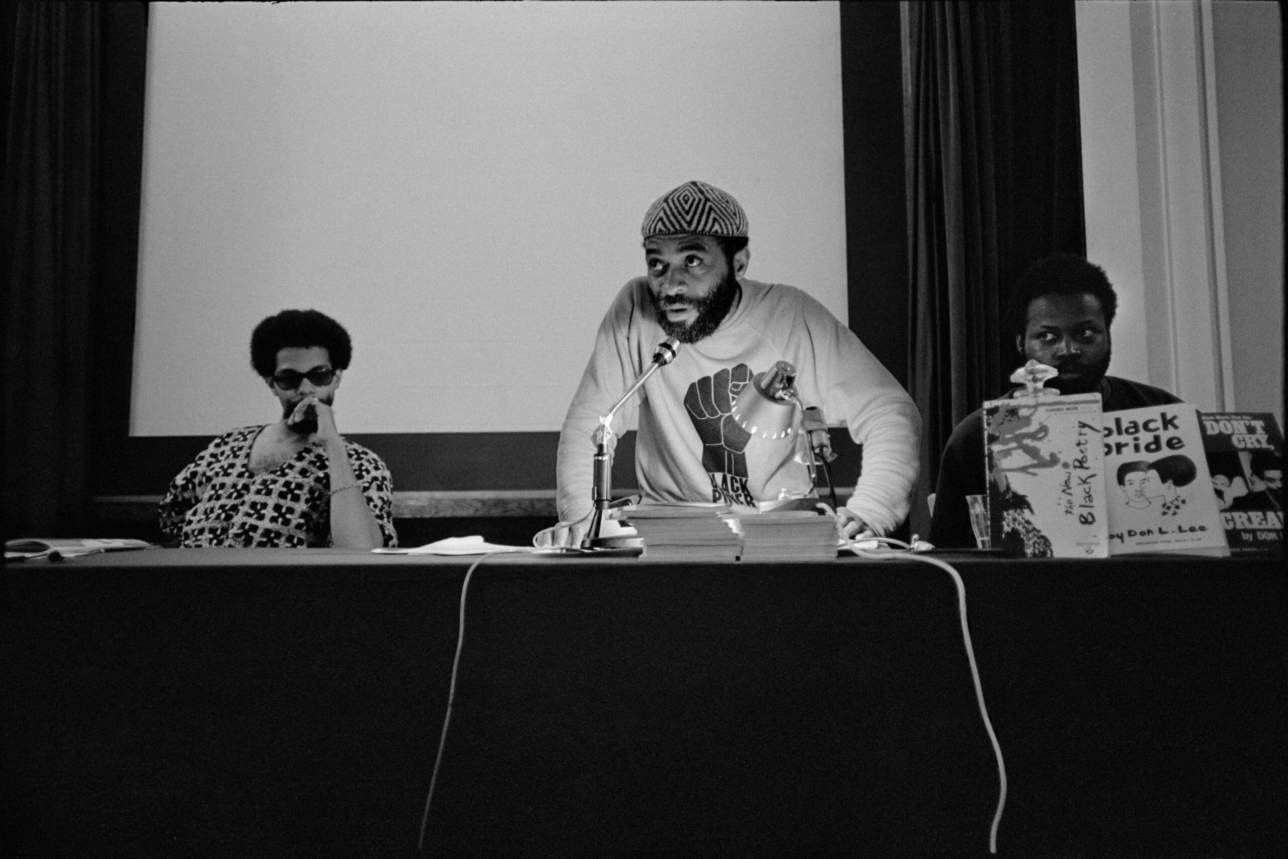 Still from the film True North. Poet and activist Ted Joans at the Congress of Black Writers in Montreal, Canada, 1968.