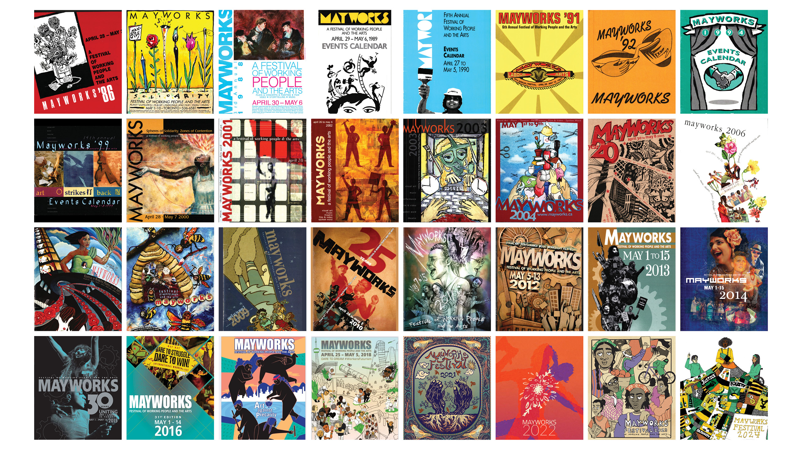 40 Mayworks poster designs displayed from the past 40 years.
